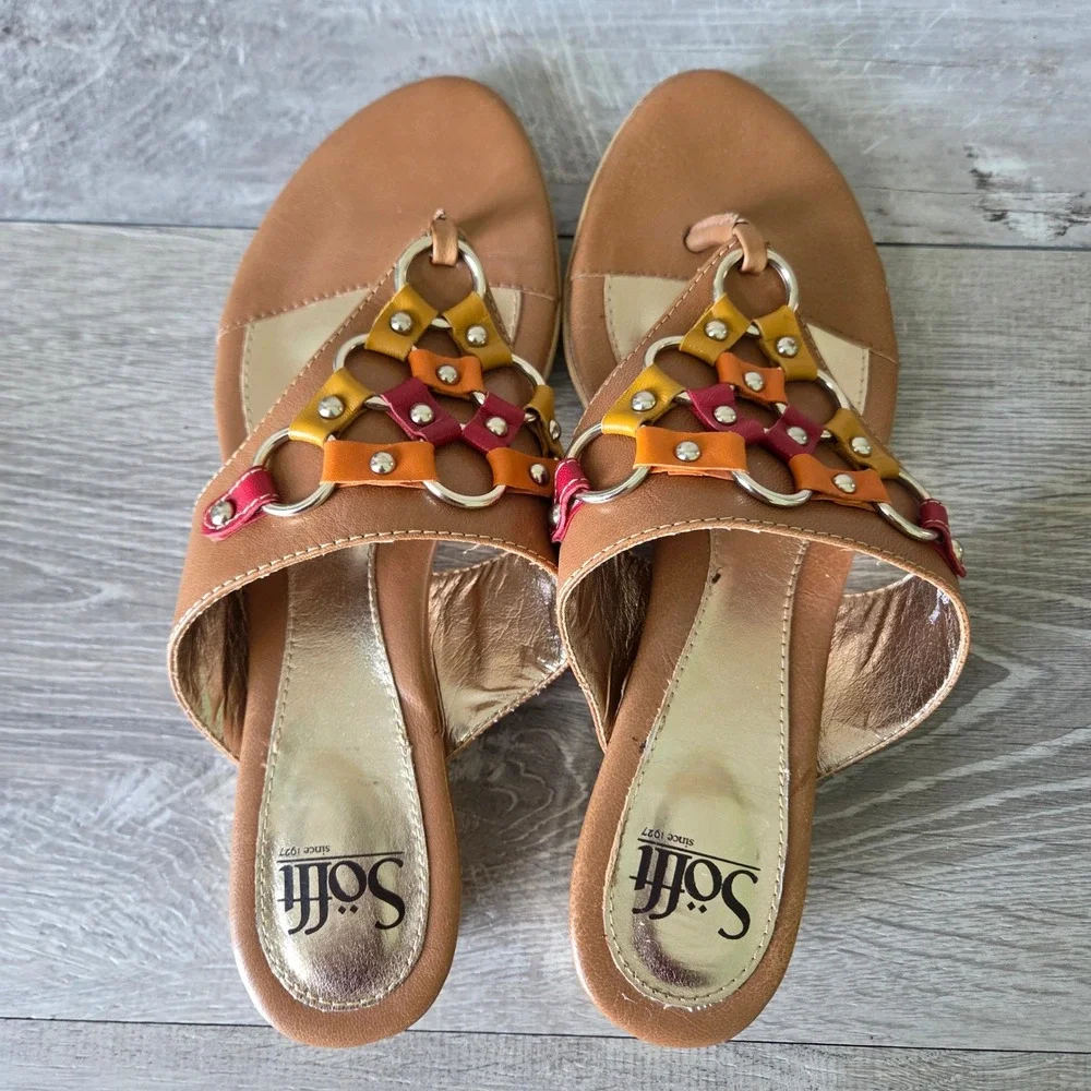 Sofft Womens 8M Tan Leather Woven Slide Thong Sandals Multi Color Rings Studded